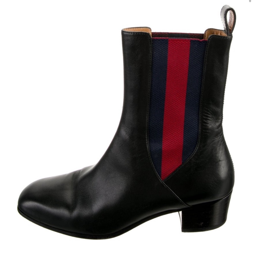 Gucci Black Leather Web Accent Boots 37.5 EUR